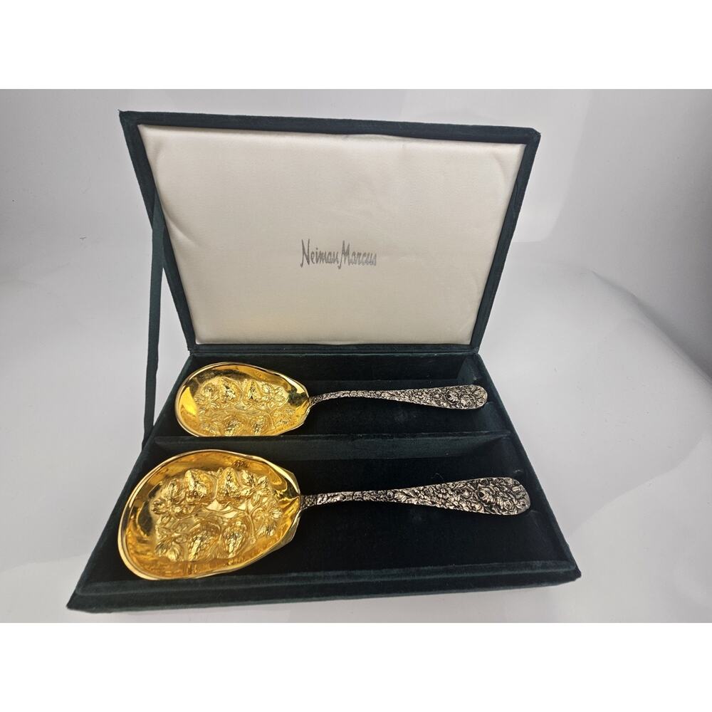 Godinger Silverplate Strawberry Serving Spoons Flowers Neiman Marcus Velvet Box‎